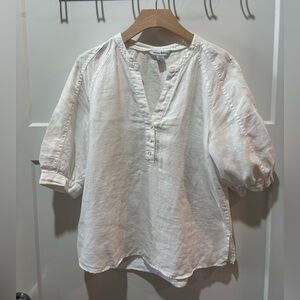 Tommy Bahama White Linen Half-Button Puff Sleeve Blouse